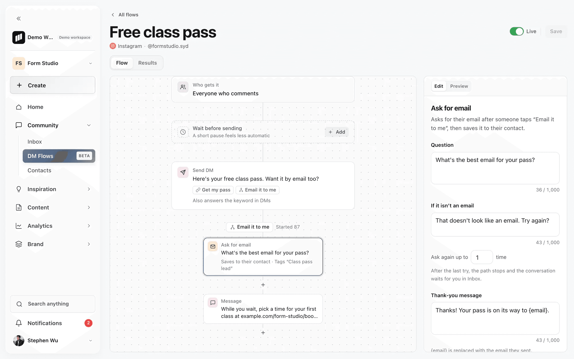 An Ask for email step in a DM Flow path. (Placeholder)