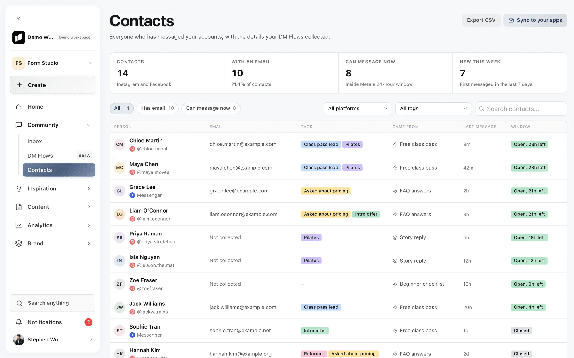 Contacts: everyone who messaged, with their email, tags and the flow they came from. (Placeholder)
