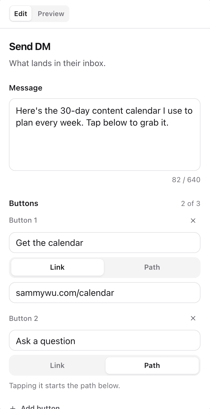 Editing the DM: the message, a Get the calendar link button and an Ask a question path button.