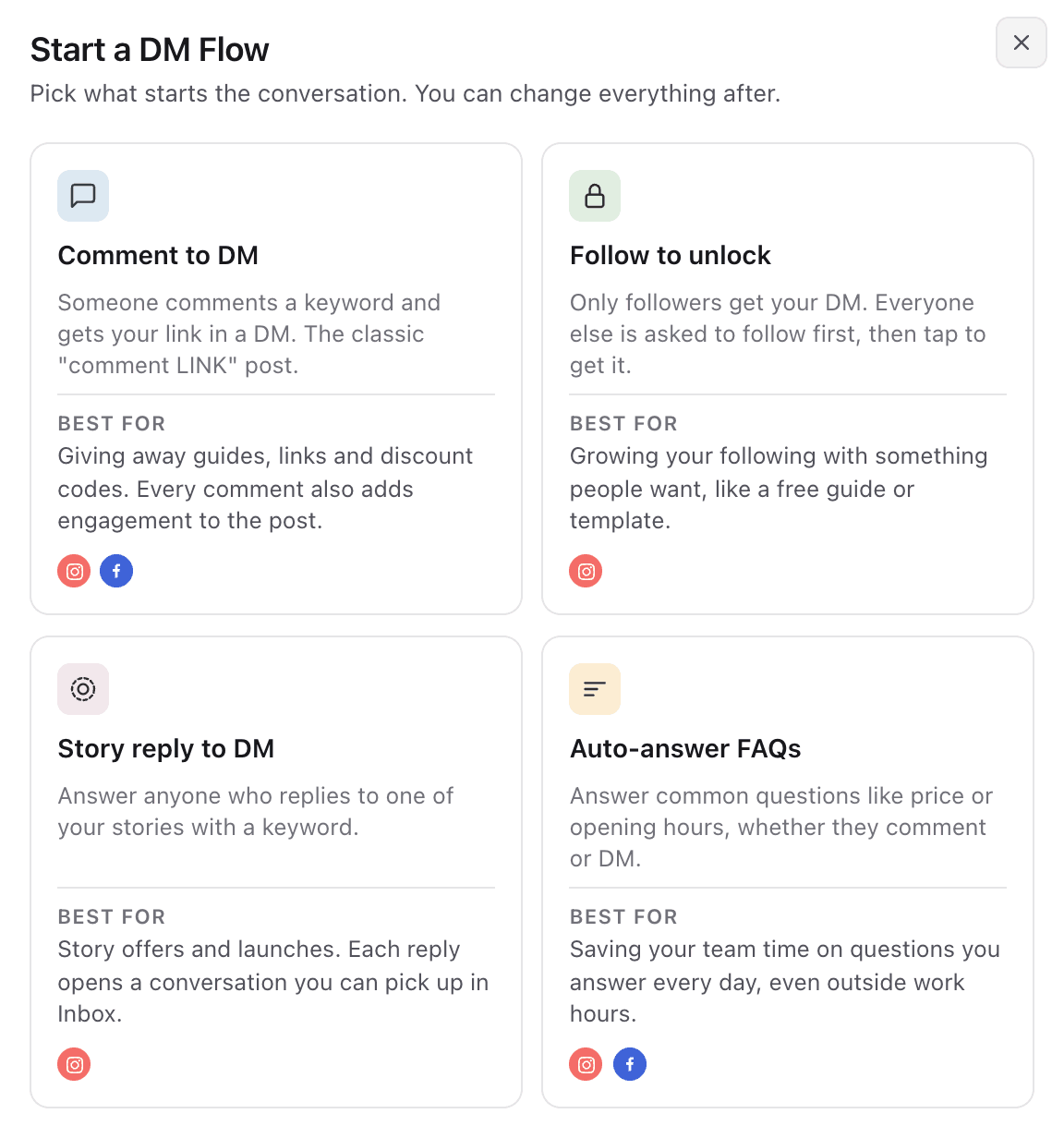 Start a DM Flow: Comment to DM, Follow to unlock, Story reply to DM and Auto-answer FAQs.