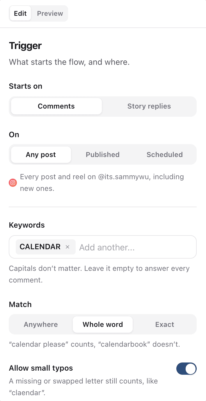 A DM Flow's trigger settings: starts on comments, on any post, the keyword CALENDAR, whole word matching and small typos allowed.