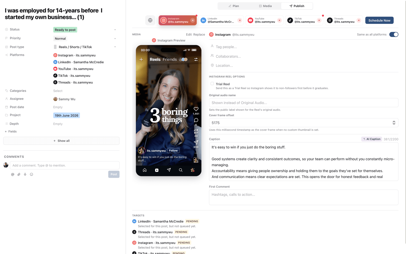 Sequence publishing editor previewing an Instagram Reel beside platform settings, its caption, and scheduling controls.