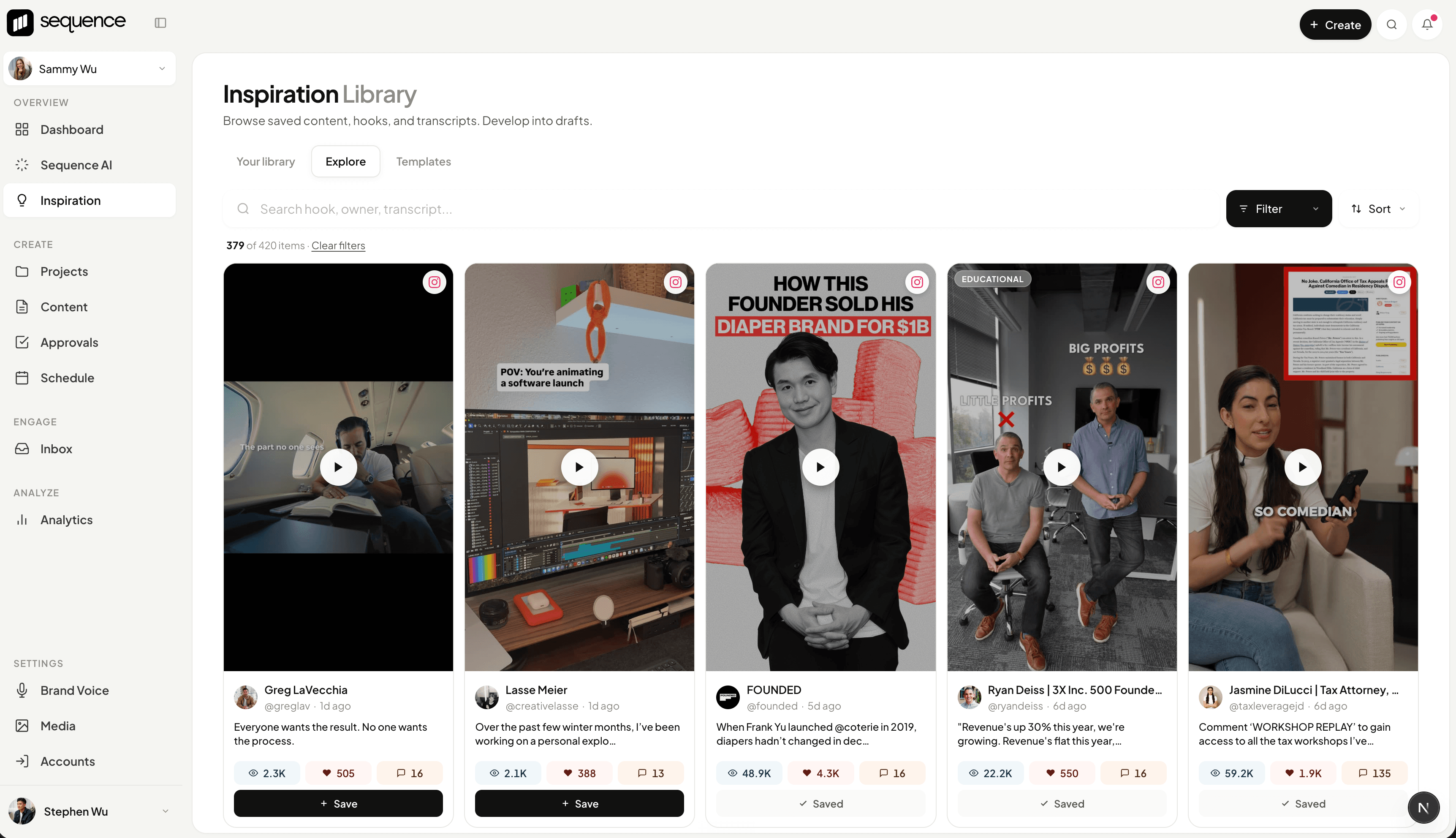 Sequence inspiration library showing saved posts with hooks, transcripts, and engagement counts.
