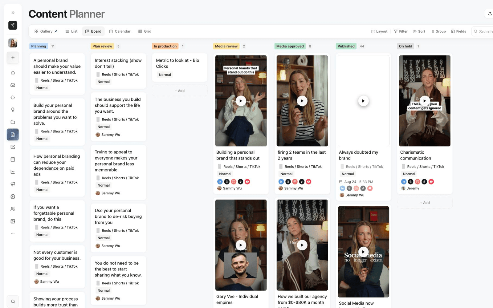 Sequence Content Planner in Board view with media review and approved video columns visible.