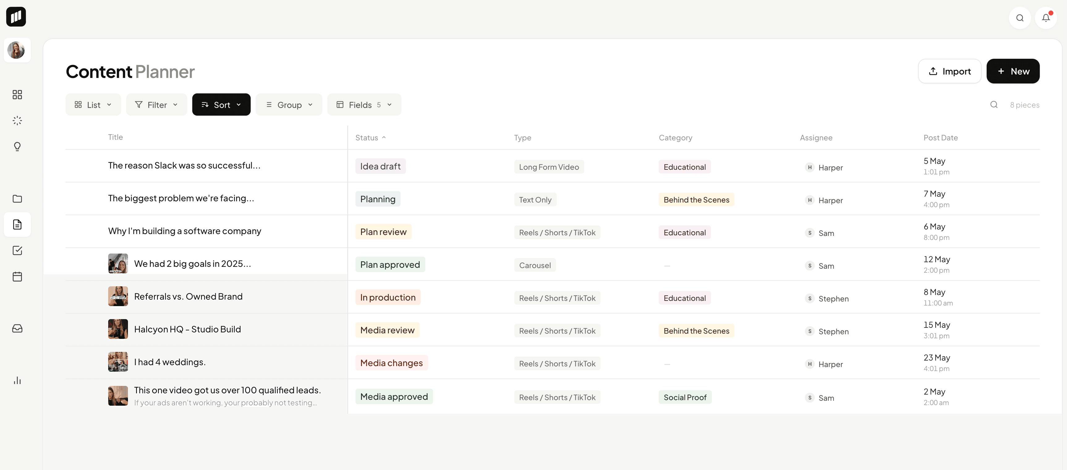 Sequence content planner with statuses, owners, types, and post dates.