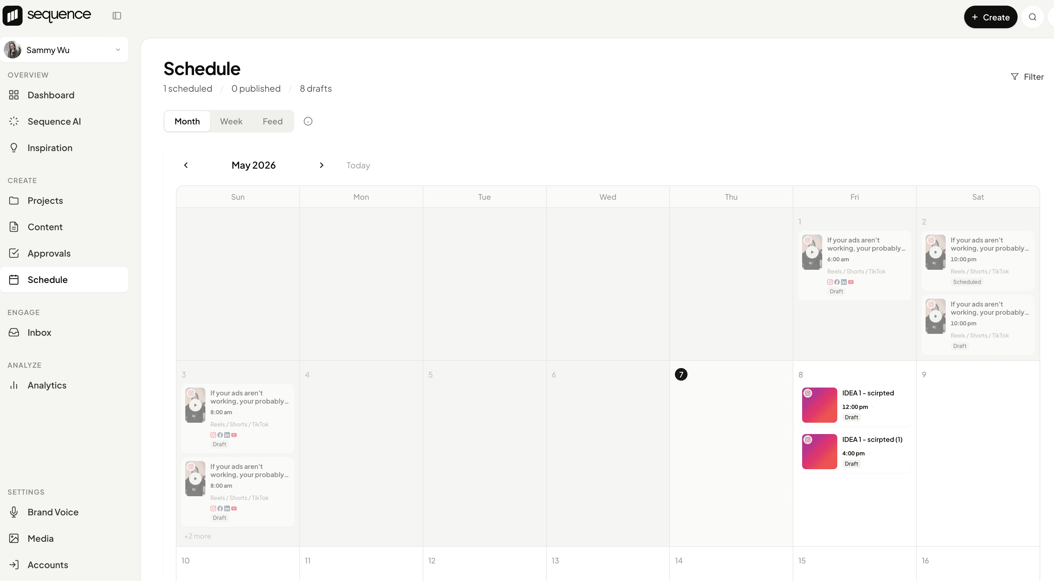 Sequence schedule calendar showing drafted and scheduled posts across a month.