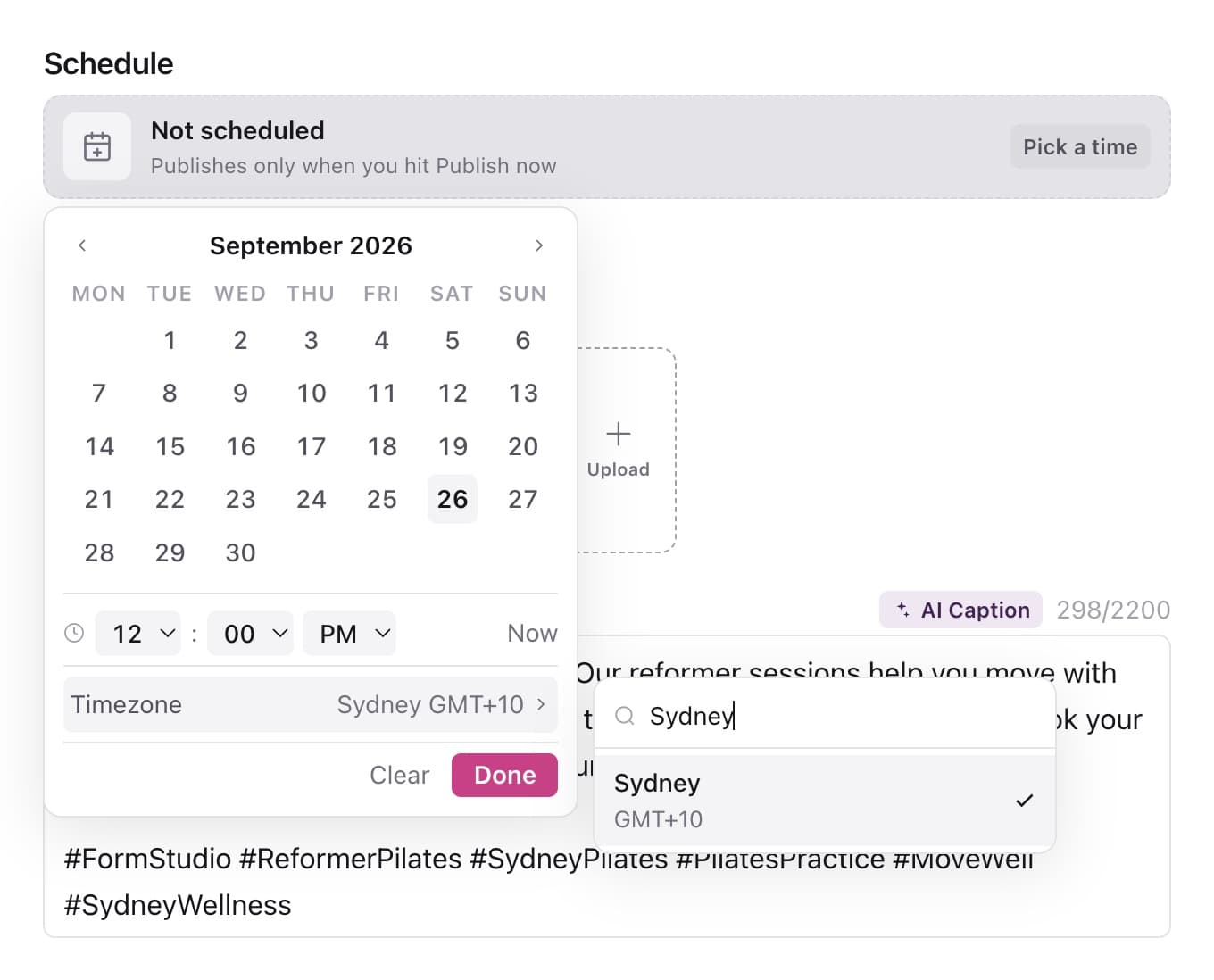 Schedule picker with the Timezone search open and Sydney selected