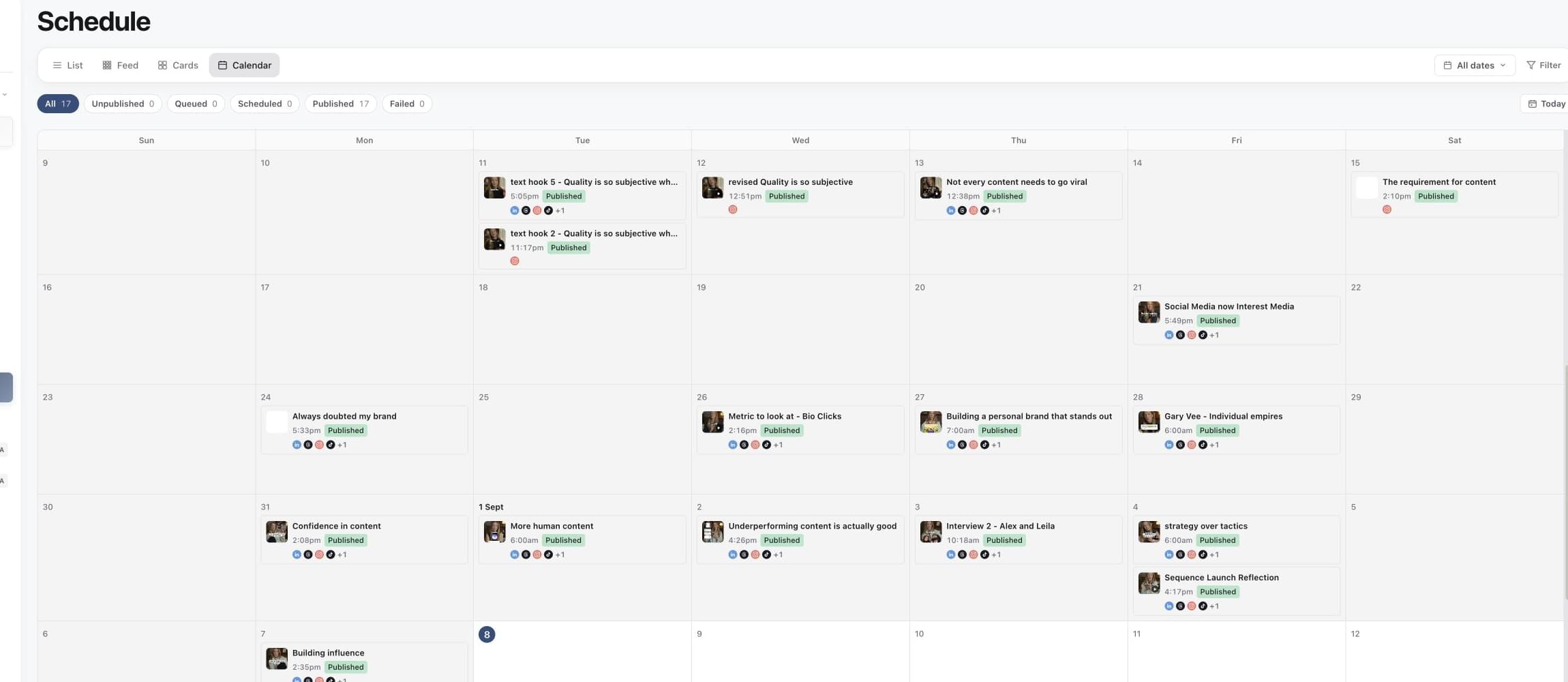 Schedule Calendar view showing posts across the month