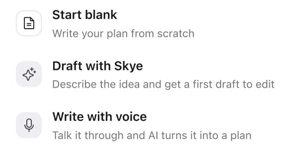 An empty Plan offering Start blank, Draft with Skye and Write with voice.
