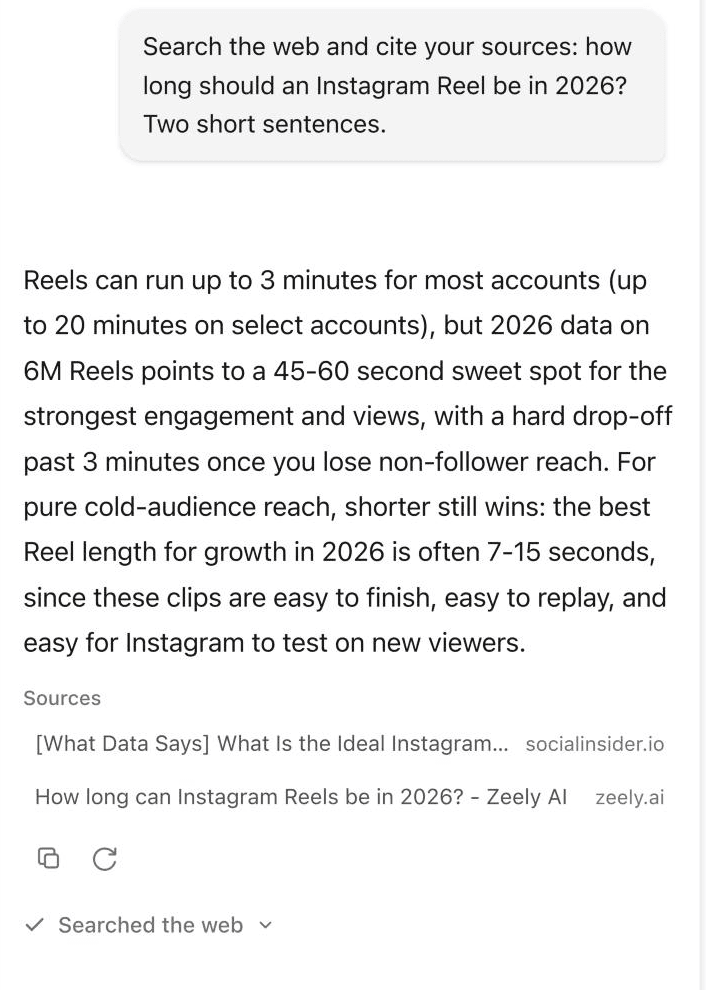 Skye answering a web research question about Instagram Reel length, with two sources listed under the reply and Searched the web below.