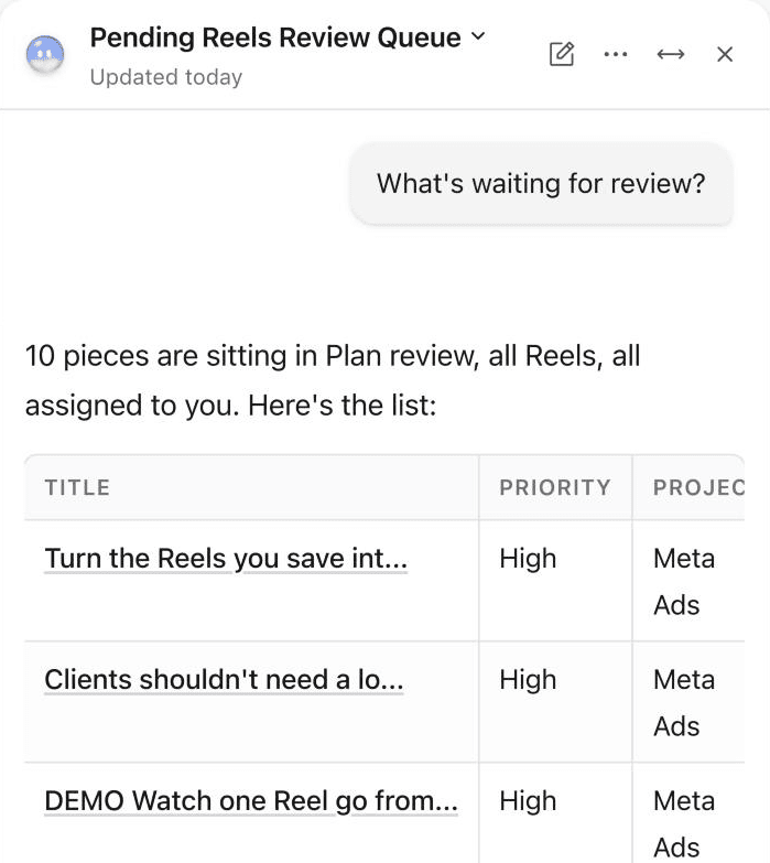 Skye answering What's waiting for review? with a table of posts sitting in Plan review.